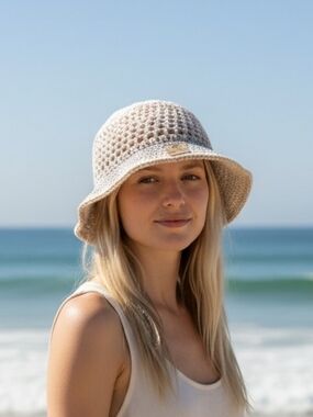 Women’s Cotton Crochet Bucket Hat - Cream NEW OSFM